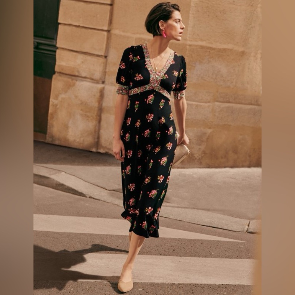 Boden Eva floral Jersey midi dress Black, Delicate Sprig Womens US 2 / UK 6